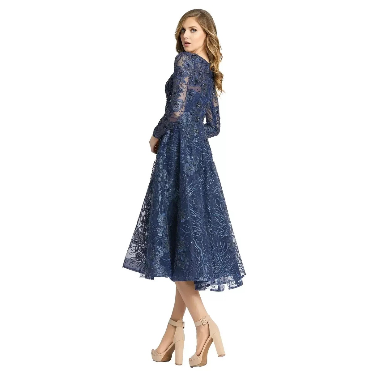送料関税込■Mac Duggal■花柄ビーズ刺繍■ミディドレス■ Mac Duggal Midnight Blue Floral Embroidered Sequin Beaded