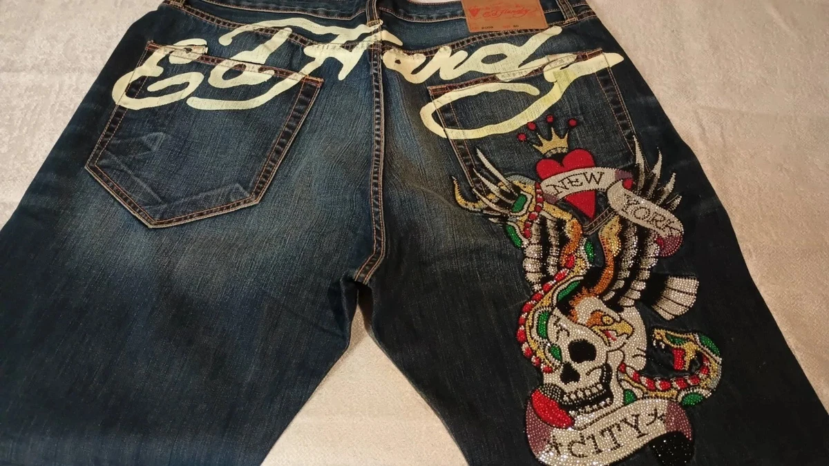Ultra Rare Vintage Y2k Ed Hardy Jeans Skull Jeweled Rhinestones 