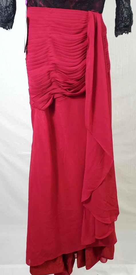 Size 4 Grace Karin Black Lace 3/4 Sleeve Red Chiffon Floor Length Evening Gown - Image 3 of 4