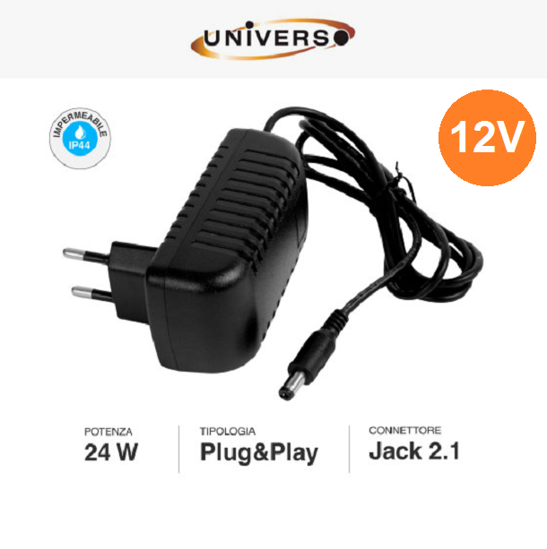 UNIVERSO ALIMENTATORE 24W 12V IP44 PLUG&PLAY CON JACK 2.1 COLORE NERO