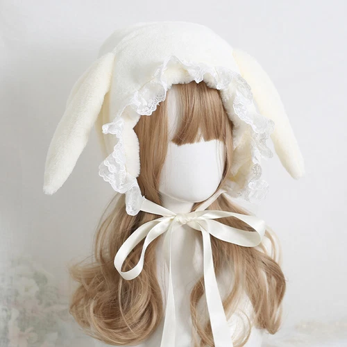 Gorra de conejo japonesa dulce orejas caídas encaje lolita orejeras gorra comodín sombreros esponjosos - Imagen 6 de 14