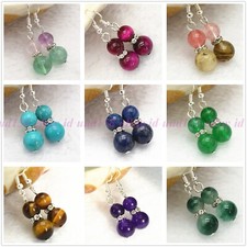 Beautiful 8-10mm Multicolor Jade Round Gemstone Silver Hook Dangle Earrings