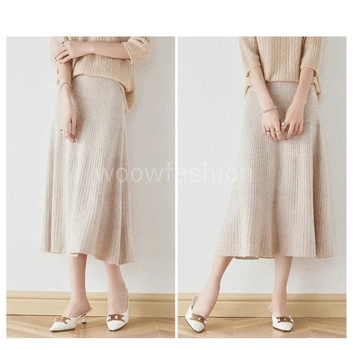 Women 100% Cashmere Wool Skirt Elastic Stretchy Flowly A-Line Midi Long Skirt - Bild 5 von 21