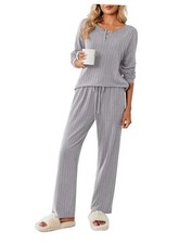 Womens Pajamas Set 2 Piece Lounge Sets Ribbed Knit Button Large Heather Gray
