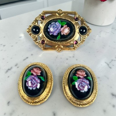 Victorian Style Black Glass Brooch  Clip On Earring Set  Purple Pink Roses