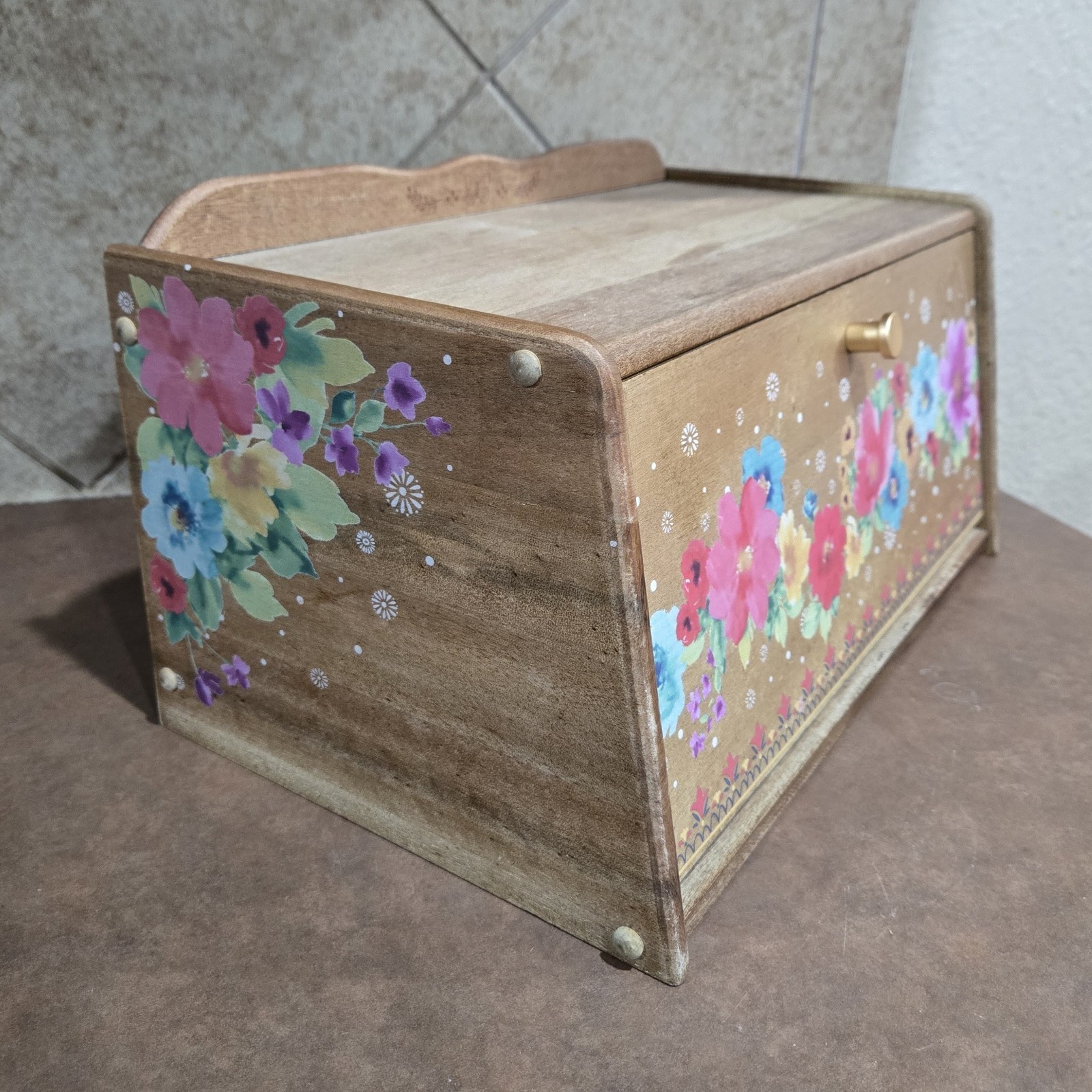 Pioneer Woman Breezy Blossom Brown Acacia Wooden Bread Box Kitchen Cottagecore 
