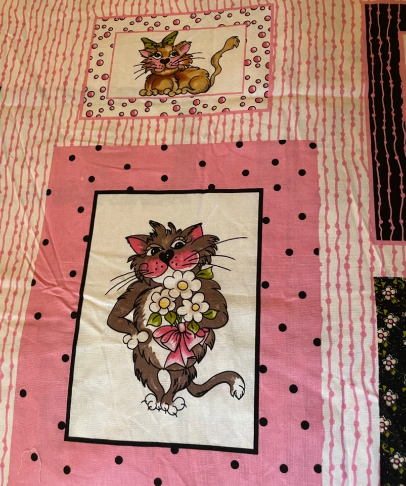 "Panel de tela de edredón de algodón rosa Loralie Fancy Cats raro - 23"" x 44""" Foto 2 de 4