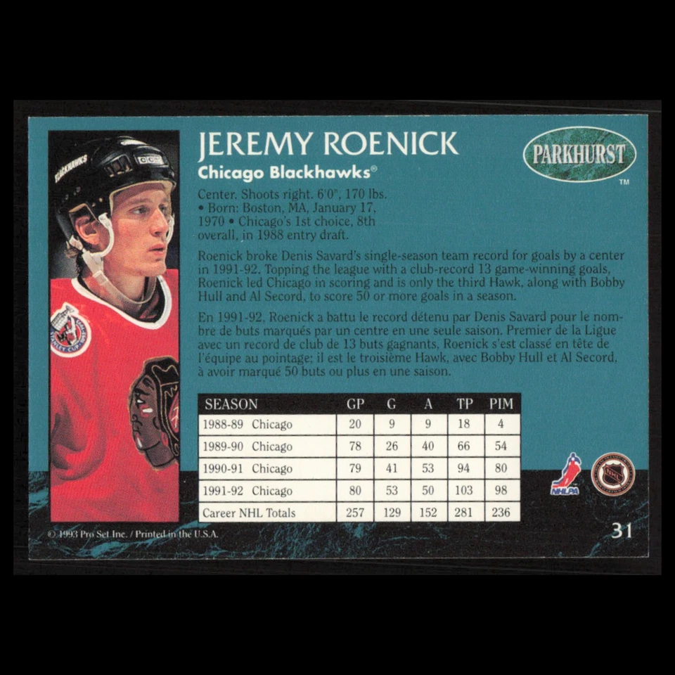 Jeremy Roenick #31 1992 Parkhurst Chicago Blackhawks Hockey Card NHL NM - Image 2 of 3