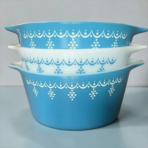 Vintage 3 PYREX Blue SNOWFLAKE GARLAND 471, 472, 473 Casserole Dish Bowl NO LIDS