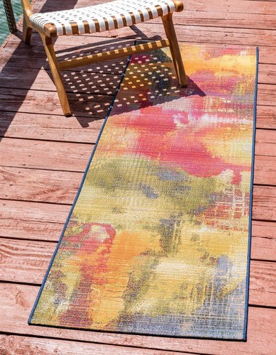 Outdoor Modern Collection Area Rug - Azera (2' x 5' 1" Runner, Multi/ Blue)