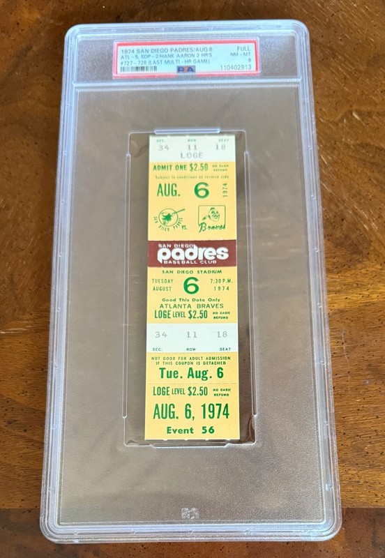 PSA 8 - 1974 HANK AARON last multi HR FULL TICKET - BRAVES vs PADRES