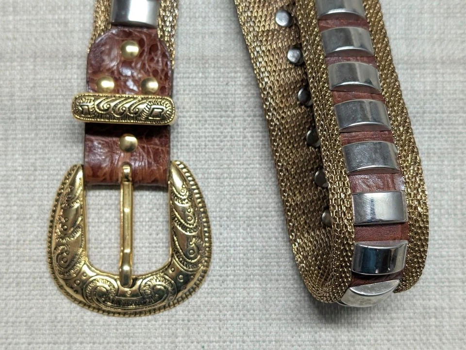 Malla de cota de malla vintage hecha en Italia 30 cocodrilo NANNI cuero DORADO glamour Foto 3 de 4