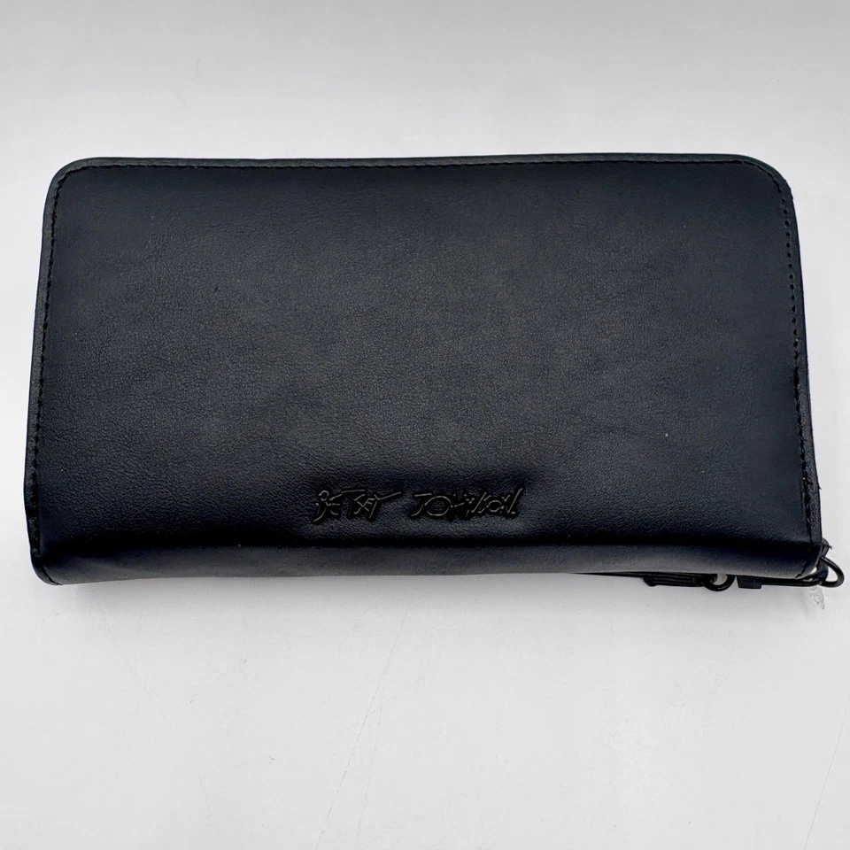 Muñequera billetera Betsey Johnson murciélago negro tachonado cremallera alrededor punk gótico nueva sin etiquetas Foto 2 de 4