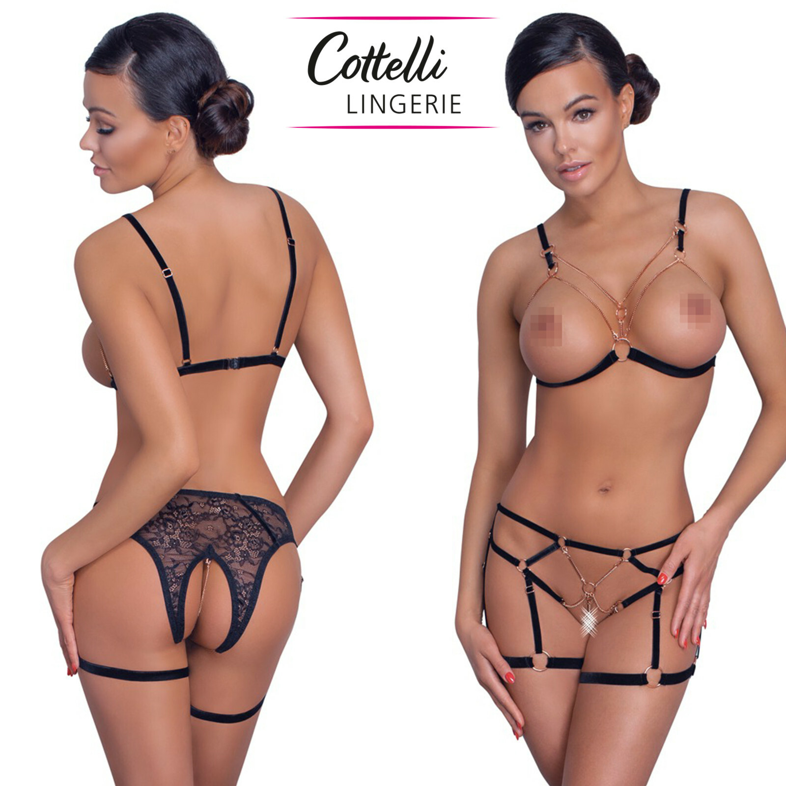 Cottelli Collection Lingerie Completo Ouvert Cupless Bra Crotchless String Set