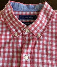 Crown Ivy Classic Fit Men L Large Button Down Shirt Pink White check Cotton