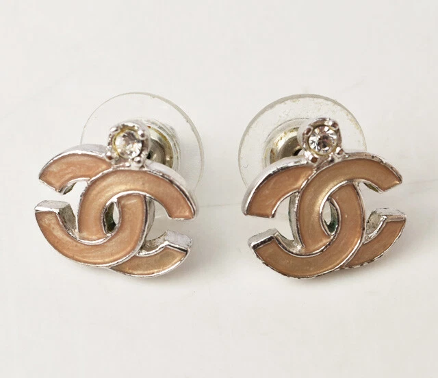 CHANEL Earrings CC Pink Beige Rhinestone COCO Stud 05C Silver Metal  authentic