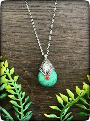 NEU Grün Rot Silber Farbe Bohemian Boho Alter Stil Azteken Tibetische Halskette