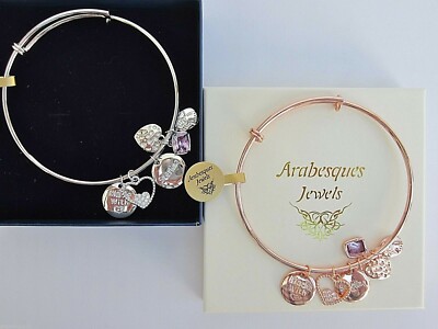 GENUINE MI STERLINA MILANO HEARTS & AMETHYST CRYSTAL CHARM BANGLE/BRACELET AJAA