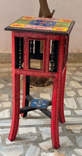 Embossed painted wooden stool beautiful bedside table Indian furniture decor - Picture 2 of 12