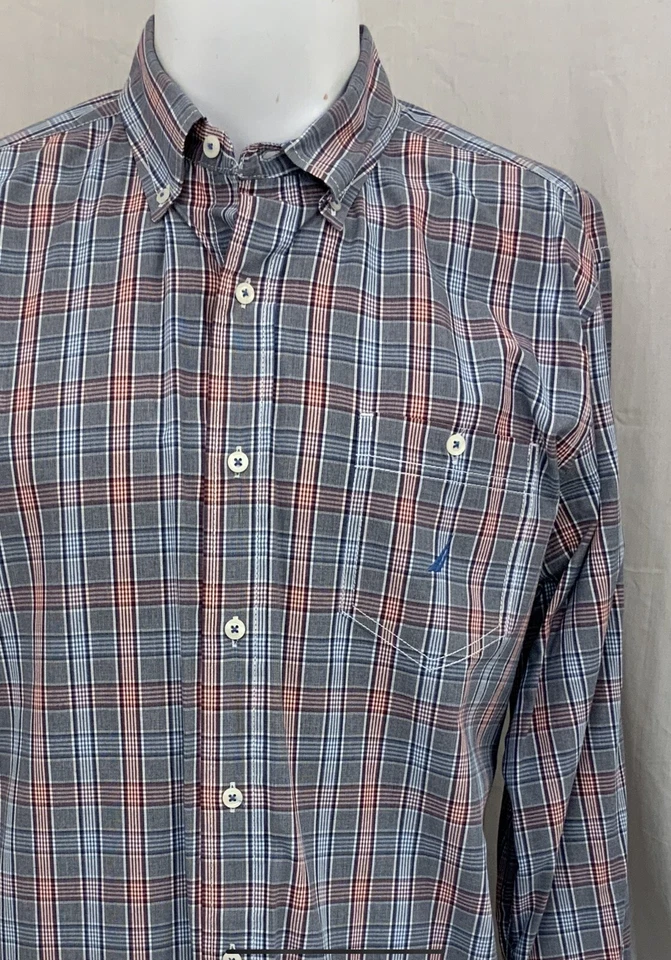Nautica Dress Shirt Men's Large Button Front Blue Red Plaid Cotton YGI N2-495 - Image 3 of 4