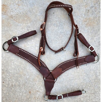 New Western Med Oil Color Roping Leather Breast Coll w/Conchos & Browband Bridle