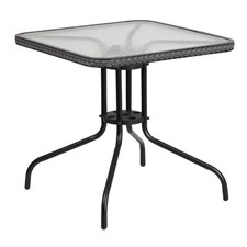 28" Square Tempered Glass Indoor/Outdoor Patio Dining Table w/Gray Rattan Edging