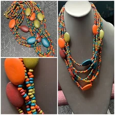 Vintage  Boho All Wood Light Weight BEADs Colorful Necklace Multi strand