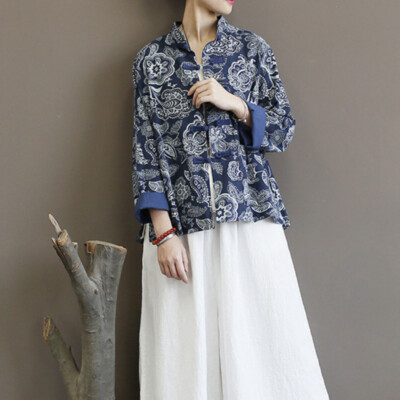 Women Top Shirt Blouse Floral Frog Button Long Sleeve Coat Outerwear Ethnic 