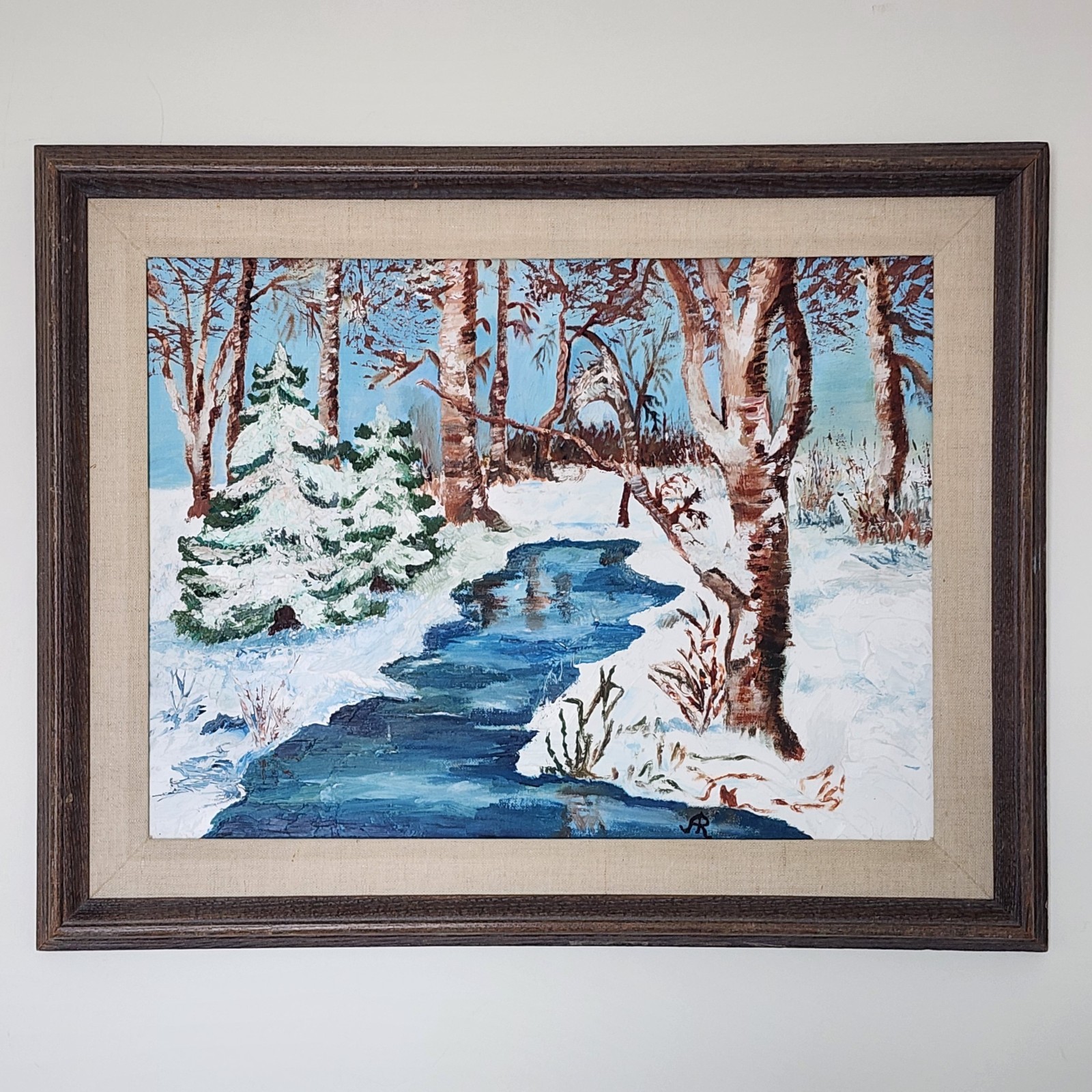 Vintage Original Signed Framed Oil Painting Winter Snow River Landscape Iowa Art