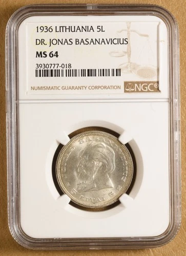 1936 Lithuania Silver 5 Litai 'Dr. Jonas Basanavicius' NGC MS64