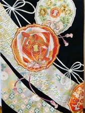 Black Tomesode Kimono Pure Silk Crane Seikaiha Pattern Used