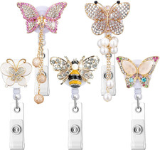 5 Pack Crystal Badge Holders Retractable Badge Reel,Bling Rhinestone Butterfly a