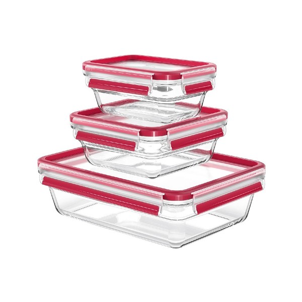 Emsa Frischhaltedose Clip & Close 0,45/0,8/2,0L Rechteckig 3Teilig, Rot/Klar (1-image