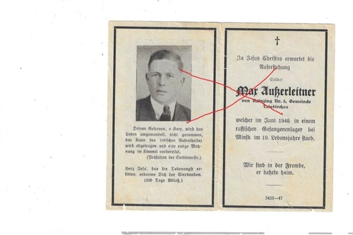 Nr.57651 Sterbebild Deutscher Soldat 1945 Minsk Gefangenenlager Taiskirchen O,Ö.