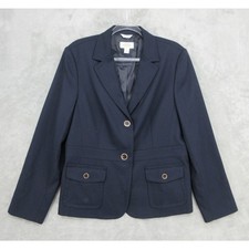 Vintage Talbots Blazer Women 14 Navy Blue Wool Blend Stretch Two Button Nautical