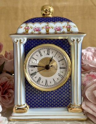 Porzellan Schreibtisch oder Manteluhr rosa Rosen Kobalt und Gold von Past Times TOP!