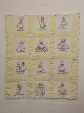 Vintage Baby Quilt Embroidered Yellow Nursery Rhymes 39 x 49 Poly Batting
