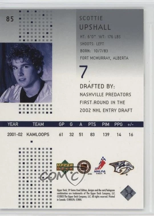 2002-03 SP Game Used New Grooves /750 Scottie Upshall #85 Rookie RC - Image 2 of 2