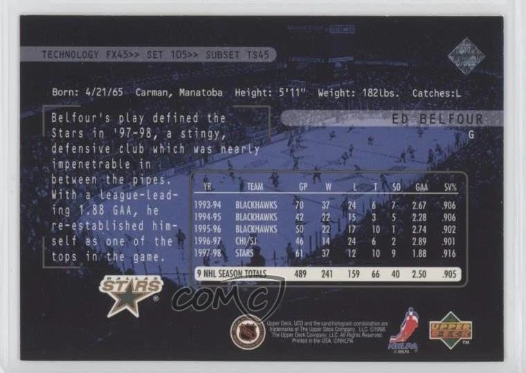 1998-99 Upper Deck UD3 Three Star Spotlight Ed Belfour #105 HOF - Image 2 of 2