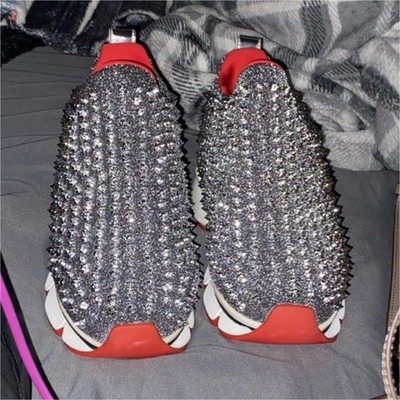  RARE Christian Louboutin Women Gray Spike Sock Sneaker Swarovski Spike  