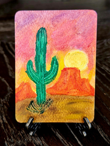 ACEO Original Oil Pastel Painting Cactus Desert Sunset Southwest OOAK artby-umj
