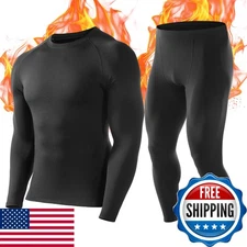 Roadbox Men's Fleece Lined Thermal Underwear Set Base Layer Top Bottom Black