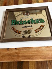 VINTAGE HEINEKEN IMPORTED DARK BEER WOOD FRAMED MIRROR SIGN -14 x 17"