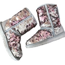 UGG flip sequin Classic Short boots Reversible Silver Pink sparkle Bling size 5