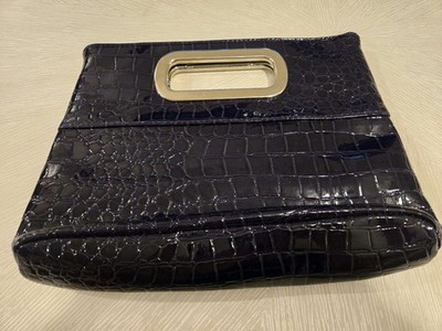 Women s Black Patent Faux Crocodile Leather Rigid Snap Clutch Purse.