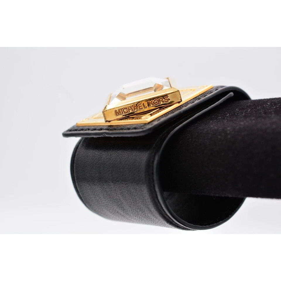 Michael Kors Cinturón Ancho Brazalete Brazalete Cuero Negro Dorado Brazalete Grueso Bin6 Foto 2 de 4