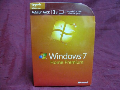 Microsoft Windows 7 Home Premium Upgrade Family Pack 3 PC 32 & 64 Bit DVD sealed