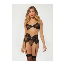 Valentines Heart Embroidered Mesh Bra, Waspie & Panty Black