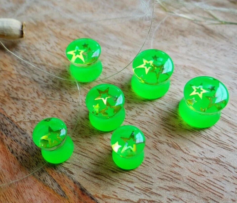Glowing gauges Neon green earrings for gauged ears Resin plugs tunnels 00g Pair - Image 2 of 4