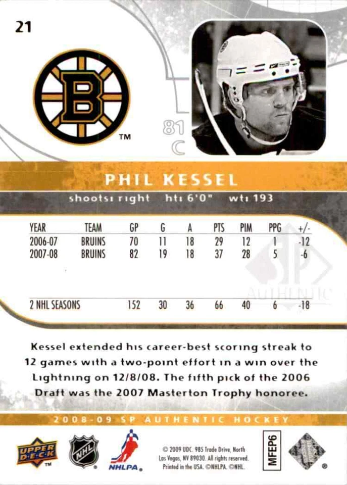 2008-09 Upper Deck SP Authentic Phil Kessel Boston Bruins #21 - Image 2 of 2